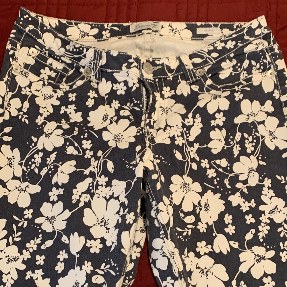 Seven7 Dark Blue Jeans with White Floral Design